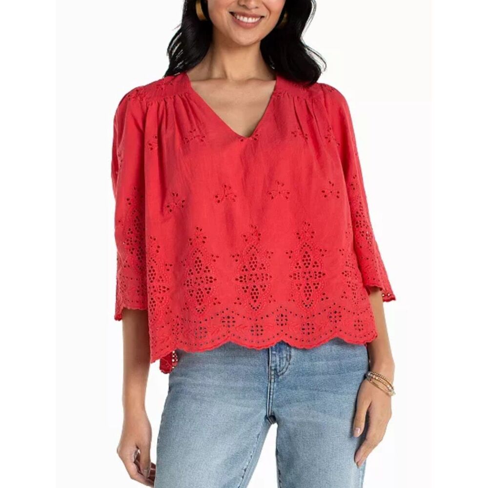 Liverpool Red Eyelet V Neck Blouse Large 3/4 Sleeve NWT